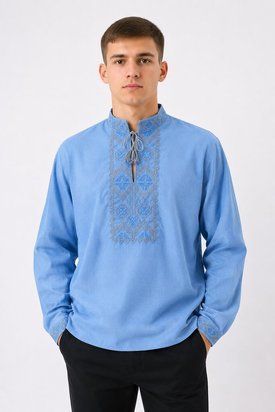 Вишиванка довгий рукав блакитна сорочкова тканина 42-44 711016-053-3а фото